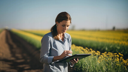 Portrait of beautiful female scientist conduct field research and works with tablet. Woman agronomist working in a rapeseed field landscape. Concept of modern farming, biotechnology, agro-development