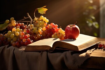 An ancient Bible placed beside autumn fruits, such as apples and pomegranates, with a warm, soft light casting long shadows, representing harvest and thanksgiving