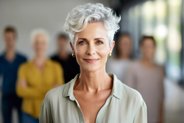 Senior business woman with gray hair standing and looking at camera in office. Work team behind. AI Generative