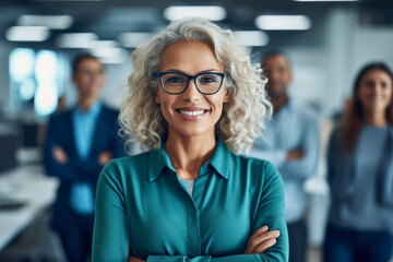 Senior business woman with gray hair standing and looking at camera in office. Work team behind. AI Generative