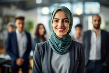 Fototapeta na wymiar Portrait of Arab businesswoman standing in office looking at the camera . AI Generative