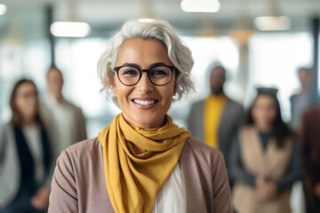 Portrait of smiling mature businesswoman looking at camera while standing in office. AI Generative