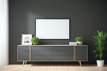 Mockup frame on cabinet in living room interior on empty dark wall background, 3D rendering
