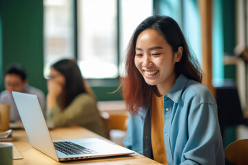 Fototapeta na wymiar Smiling Asian female student studying, using laptop in classroom. AI Generative