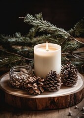 Chrsitmas Candle Wooden Decoration Table Rustic Cottagecore Minimalist Background Neutral White Social Media Web Design Post