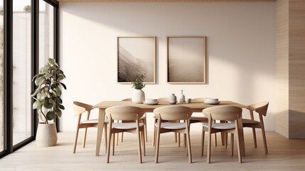 Amazing Interior Design of a Dining Room White with Wooden Seats and Table.
