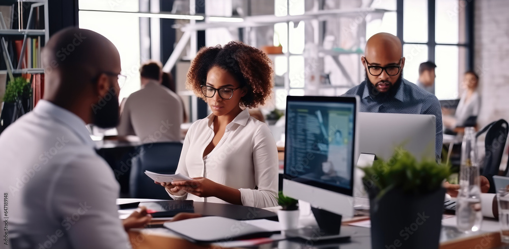 Aufkleber african business team are working on computer in startup office, success and growth in business conc