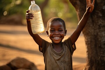 The issue of water supply to the driest areas of Africa. Happy little thirsty child with bottle of pure fresh drinking water in his hand.