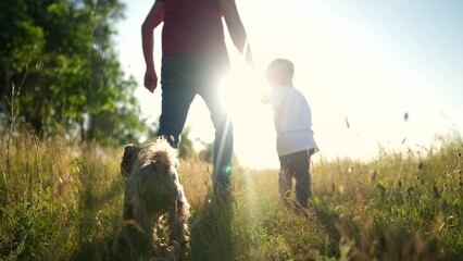 father and son in the park. dad a walk with his little son baby and dog outdoors. happy family kid dream concept. people in the park. dad walk with baby boy and dog in lifestyle nature