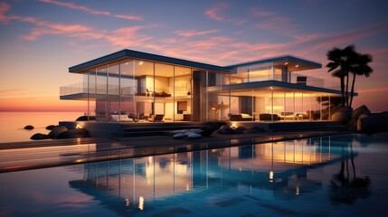 Fototapeta premium Luxury house, Beautiful glass home on an ocean beach at sunset.