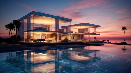 Luxury house, Beautiful glass home on an ocean beach at sunset.