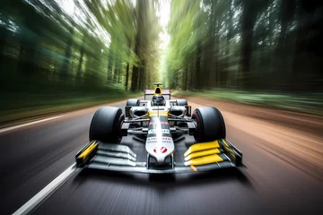 Fotobehang F1 car racing towards the camera, motion blur © Alcuin
