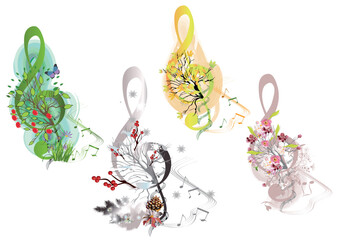 Abstract treble clef decorated with summer, autumn, winter and spring decorations: flowers, leaves, notes, birds. Hand drawn musical vector illustration. - 647189776