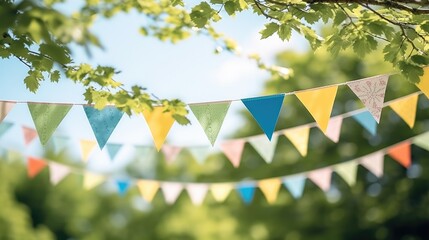 Colorful pennant string decoration in green tree foliage on blue sky with copy space. - obrazy, fototapety, plakaty