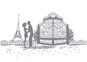 Romantic couple  in Paris with the view for the Eiffel Tower. Travel design background for postcard etc. - 647189793