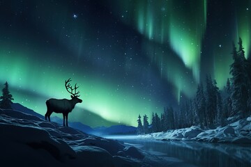 Reindeer grazing peacefully under the Northern Lights, while a distant silhouette of Santa’s sleigh is visible against the moon
