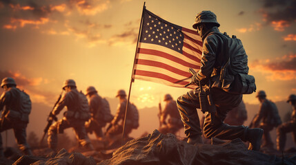 A moving tribute to veterans, featuring an American flag waving proudly in the wind against a vibrant sunset backdrop