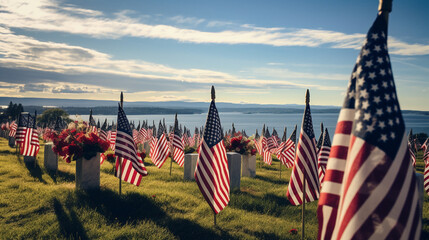 A solemn scene at a military cemetery, rows of uniform white headstones surrounded by a sea of flags, honoring those who served - obrazy, fototapety, plakaty