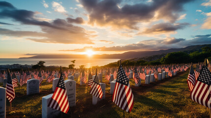A solemn scene at a military cemetery, rows of uniform white headstones surrounded by a sea of flags, honoring those who served