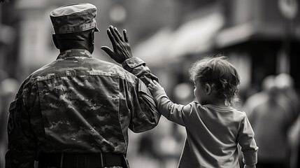 A heartwarming image of a young child saluting a veteran during a parade, capturing the passing down of gratitude through generations - obrazy, fototapety, plakaty