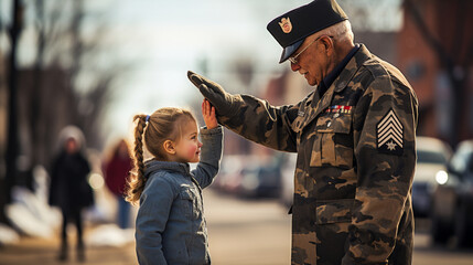 A heartwarming image of a young child saluting a veteran during a parade, capturing the passing down of gratitude through generations - obrazy, fototapety, plakaty