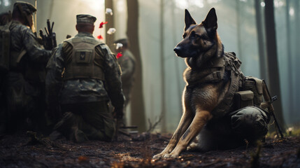 A touching scene of a military dog paying tribute to a fallen soldier, a symbol of loyalty and dedication in service - obrazy, fototapety, plakaty