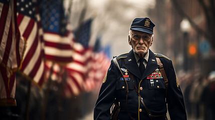 A captivating image of a veteran's parade, with flags, marching bands, and a sense of patriotic pride in the air - obrazy, fototapety, plakaty