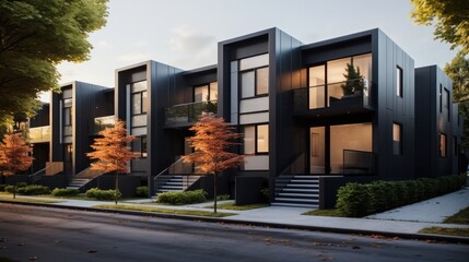 Modern modular private black townhouses in city.