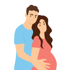 Happy family expecting a child. Vector illustration of husband and pregnant wife. Baby waiting concept.