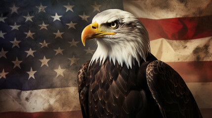 A symbolic representation of a bald eagle perched on an American flag, embodying freedom and the spirit of veterans