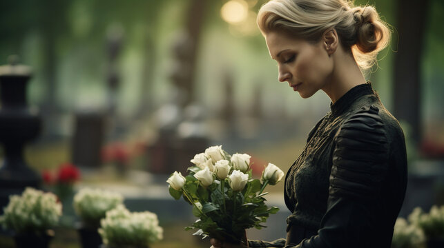 An emotional portrayal of a war widow visiting her spouse's grave at a military cemetery, carrying a bouquet of flowers