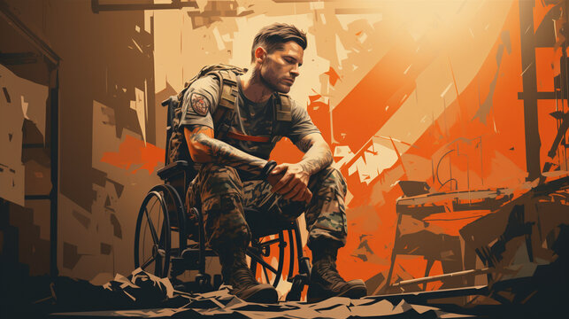 A moving illustration of a wounded veteran overcoming challenges and finding hope through support and rehabilitation