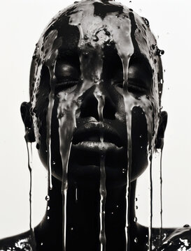 Black and white portrait of bald woman with water falling down his face. Generative AI