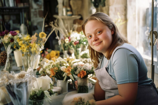 Generative AI illustration of charming plump woman with Down Syndrome selling flowers in rustic shop looking at camera