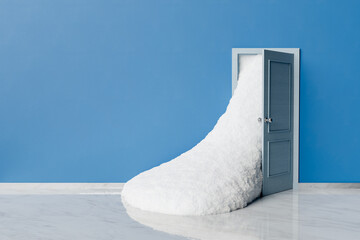 snow avalanche coming through the door - obrazy, fototapety, plakaty