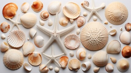 Fototapeta na wymiar Collection of small seashells with fossil coral and sand dollars, Summer and vacation concept, Top view.