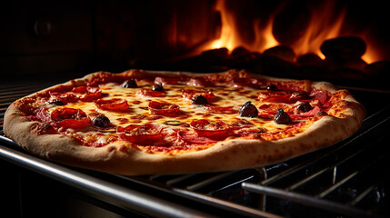 Pizza in the oven: topped pizza in a hot baking tray, melting the cheese and the crust crispy