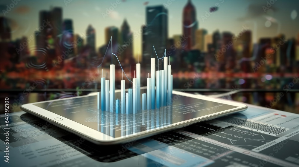Aufkleber digital marketing, tablet analyzing data and economic growth graph chart diagrams projecting charts 