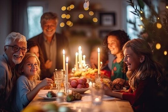 A festive family gathering around a dinner table, celebrating Christmas with three generations, sharing smiles, and joy.