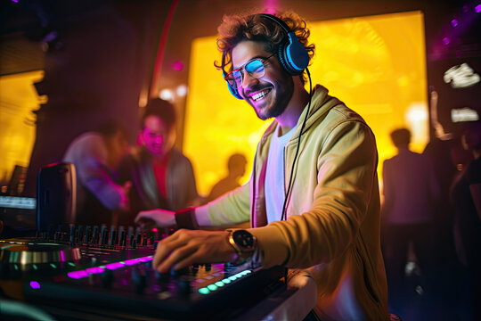 A young male DJ in a nightclub, mixing electronic music on a turntable, surrounded by colorful lights and sound.