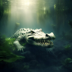 Angry crocodile underwater in jungles, Illustration created with generative AI technologies