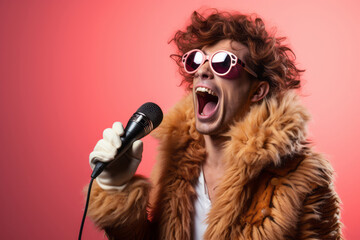 Funny funky wild vocalist screaming in microphone wearing fur coat gloves suspenders isolated on bright background