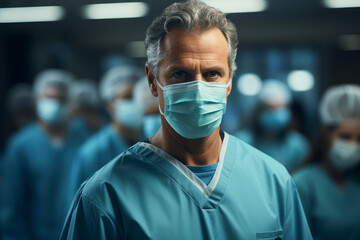 Fototapeta na wymiar Closeup of a male old doctor wearing a mask