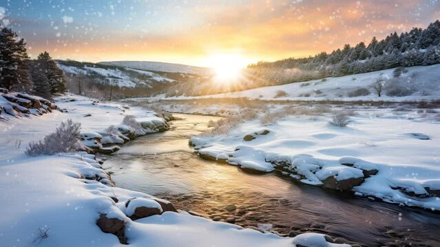 In the midst of a snowy valley, a calm sunrise bathes the icy river, adding warmth to this tranquil winter scene
