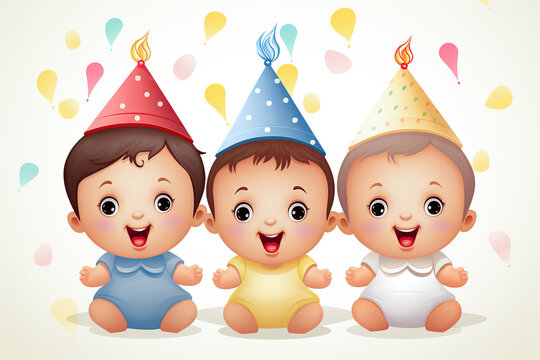 Cute babies wearing a colorful party hats for birthday surprise