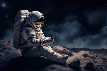 An astronaut sitting on the moon and sends messages to friends and family via smartphone © Stavros