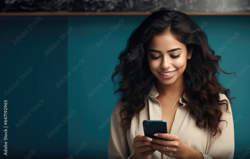 Poster Young happy woman holding mobile phone is looking at smartphone, Typing message doing e-commerce shopping on cell.