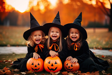 Three kids in carnival costumes outdoors. Cheerful children and pumpkins on sunset background.