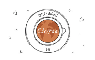 International coffee day hand drawn llustration on white background. Coffee cup with planet earth in doodle style. Suitable for banners, greeting cards, posters, logo