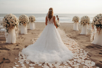 Fototapeta na wymiar The bride near the wedding arch. Modern wedding on the beach